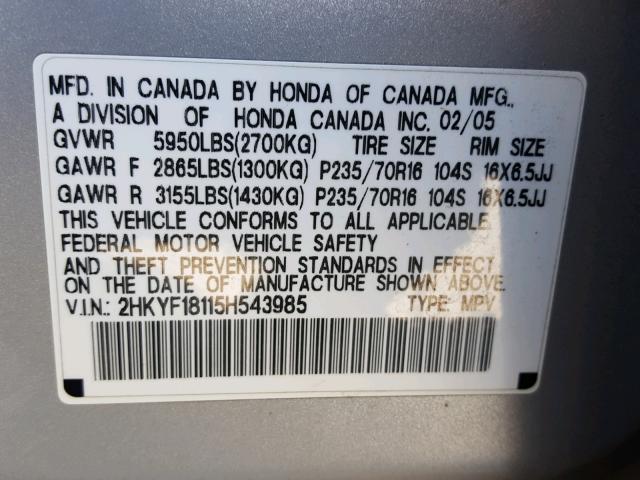 2HKYF18115H543985 - 2005 HONDA PILOT LX SILVER photo 10