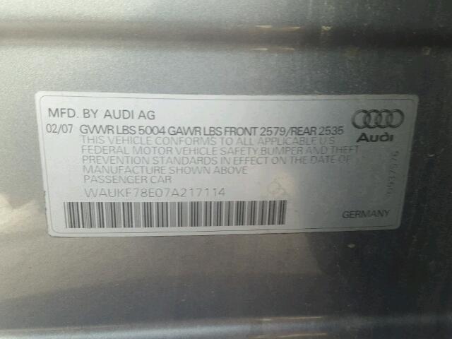 WAUKF78E07A217114 - 2007 AUDI A4 2.0T AV GRAY photo 10