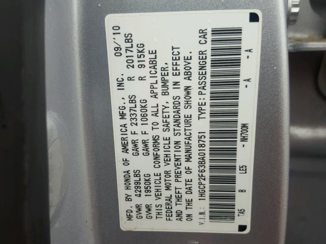 1HGCP2F63BA018751 - 2011 HONDA ACCORD SE SILVER photo 10