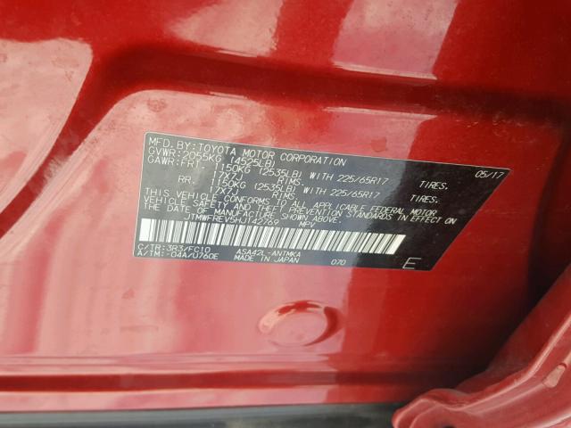 JTMWFREV5HJ142769 - 2017 TOYOTA RAV4 XLE RED photo 10