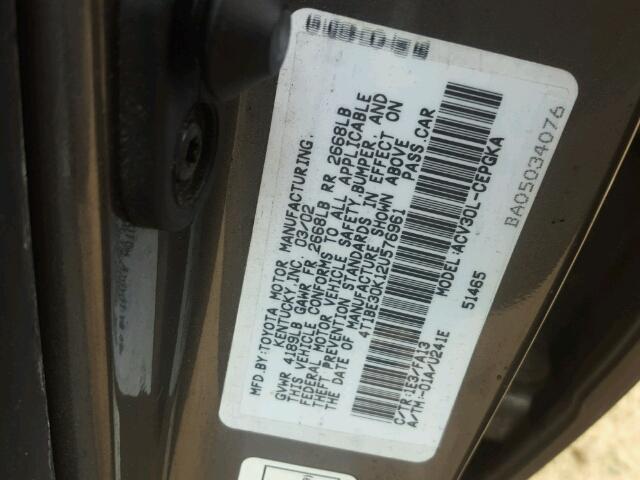 4T1BE30K12U576961 - 2002 TOYOTA CAMRY LE 灰色 照片 10