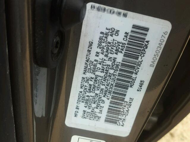 4T1BE30K12U576961 - 2002 TOYOTA CAMRY LE GRAY photo 10