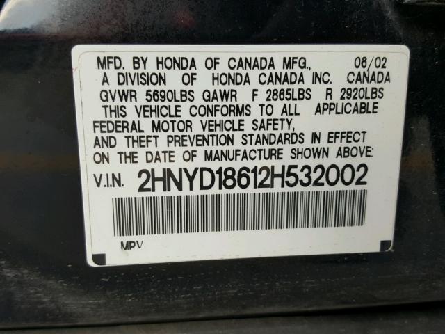 2HNYD18612H532002 - 2002 ACURA MDX TOURIN BLACK photo 10