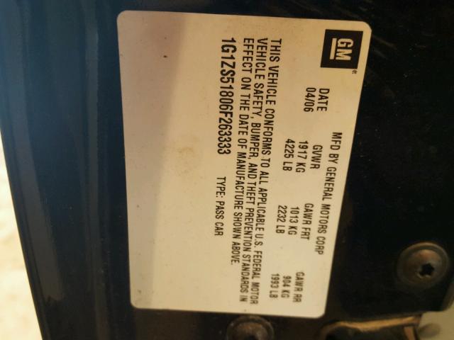 1G1ZS51806F263333 - 2006 CHEVROLET MALIBU LS შავი ფოტო 10