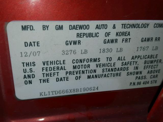 KL1TD666X8B190624 - 2008 CHEVROLET AVEO BASE RED photo 10