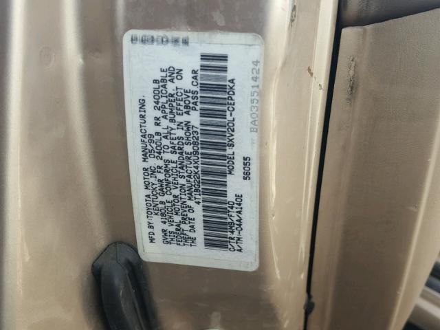 4T1BG22K4XU908237 - 1999 TOYOTA CAMRY CE TAN photo 10