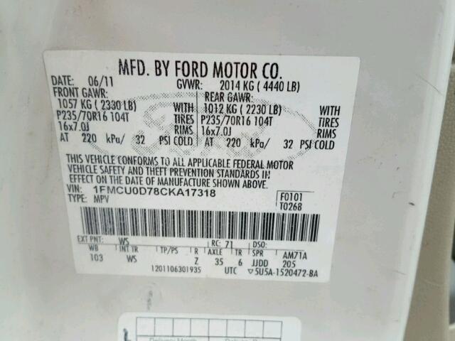 1FMCU0D78CKA17318 - 2012 FORD ESCAPE XLT WHITE photo 10