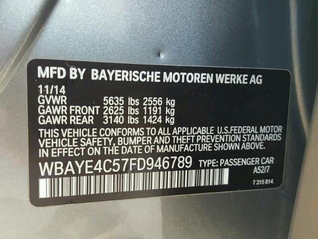 WBAYE4C57FD946789 - 2015 BMW 740 LI GRAY photo 10