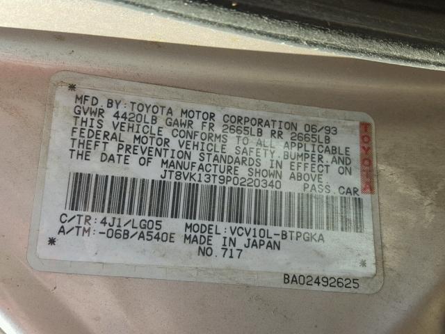 JT8VK13T9P0220340 - 1993 LEXUS ES TAN photo 10