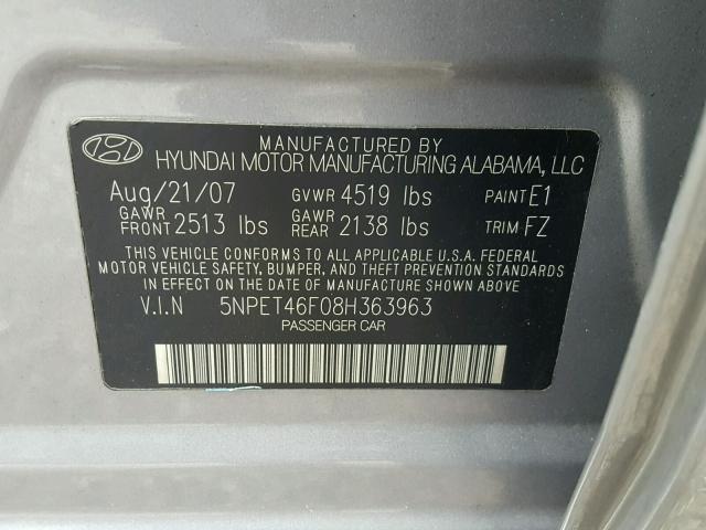 5NPET46F08H363963 - 2008 HYUNDAI SONATA GLS SILVER photo 10