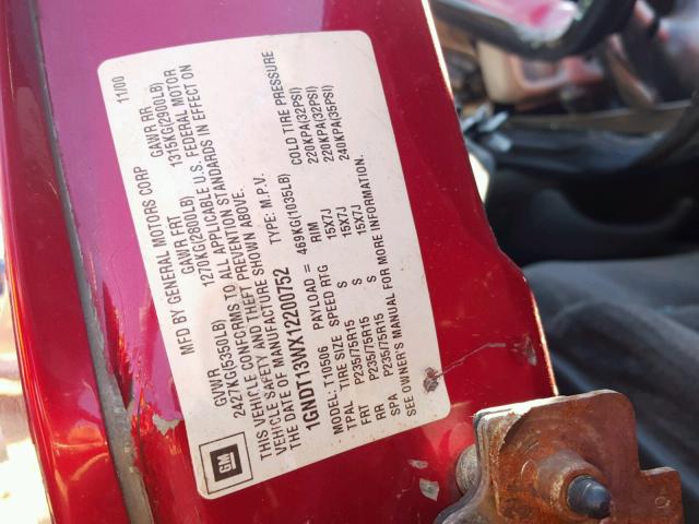 1GNDT13WX12200752 - 2001 CHEVROLET BLAZER RED photo 10