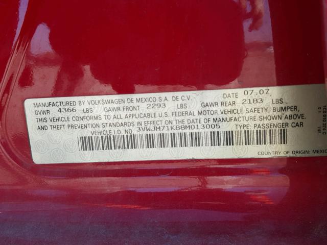 3VWJM71K88M013005 - 2008 VOLKSWAGEN JETTA S RED photo 10