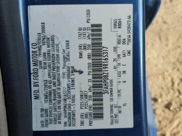 3FAHP08Z19R165317 - 2009 FORD FUSION SEL BLUE photo 10