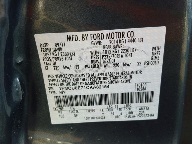 1FMCU0E71CKA82154 - 2012 FORD ESCAPE LIM BLUE photo 10