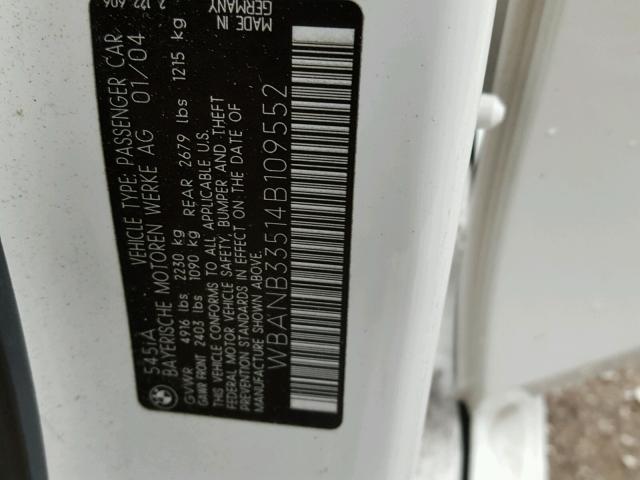 WBANB33514B109552 - 2004 BMW 545 I WHITE photo 10
