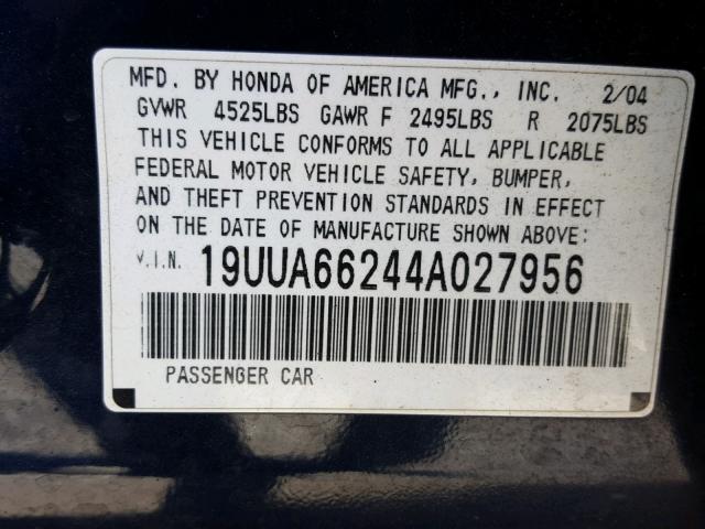 19UUA66244A027956 - 2004 ACURA TL BLUE photo 10