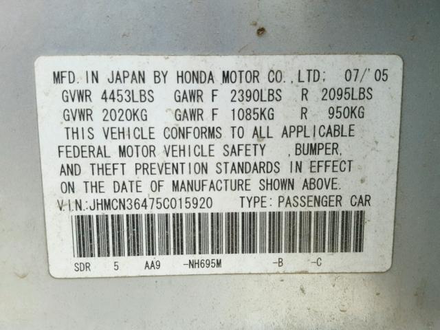 JHMCN36475C015920 - 2005 HONDA ACCORD SILVER photo 10