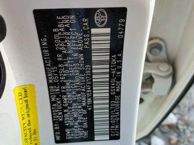 4T1BK1EB4FU173939 - 2015 TOYOTA AVALON XLE WHITE photo 10