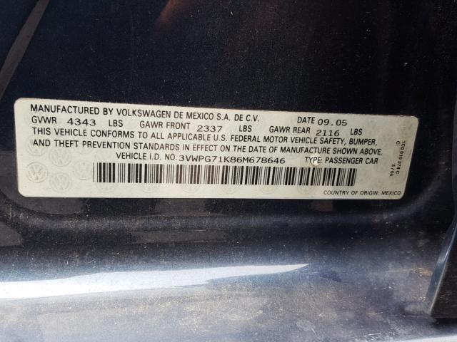 3VWPG71K86M678646 - 2006 VOLKSWAGEN JETTA VALU BLUE photo 10