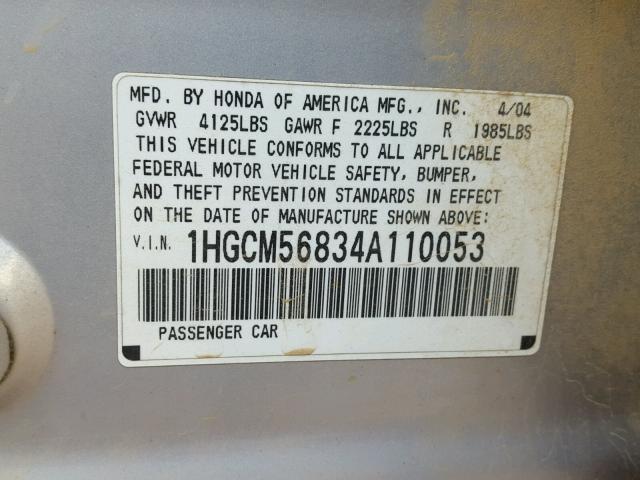 1HGCM56834A110053 - 2004 HONDA ACCORD EX SILVER photo 10