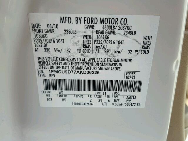 1FMCU9D77AKD36226 - 2010 FORD ESCAPE XLT WHITE photo 10