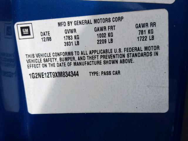 1G2NE12T9XM834344 - 1999 PONTIAC GRAND AM S ლურჯი ფოტო 10