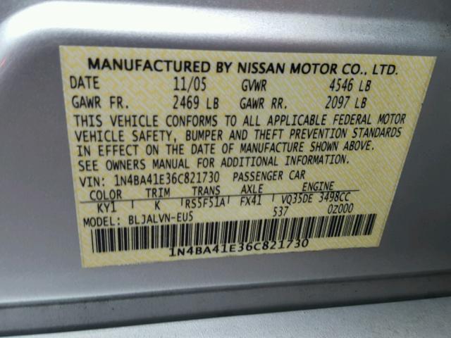 1N4BA41E36C821730 - 2006 NISSAN MAXIMA SE SILVER photo 10