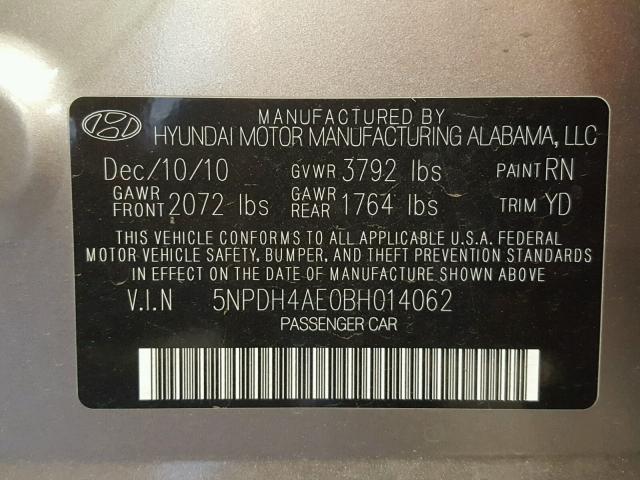 5NPDH4AE0BH014062 - 2011 HYUNDAI ELANTRA GL GRAY photo 10