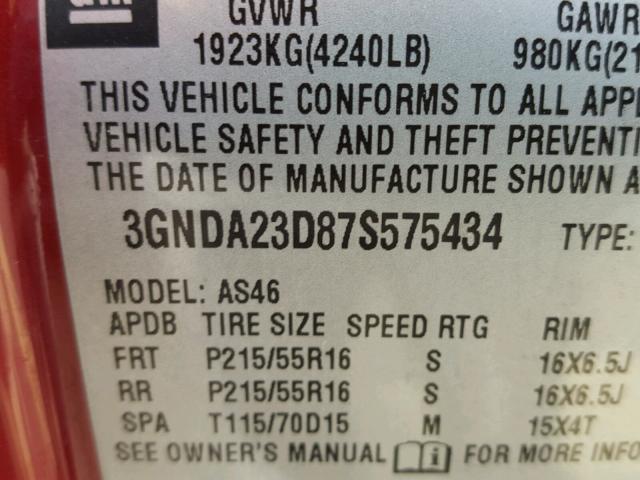 3GNDA23D87S575434 - 2007 CHEVROLET HHR LT MAROON photo 10