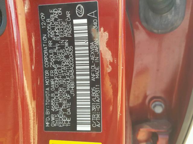 JTHBB1BA8A2020435 - 2010 LEXUS HS 250H RED photo 10