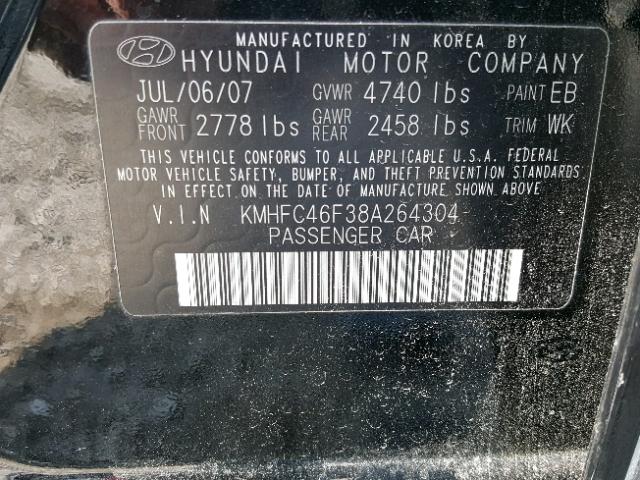 KMHFC46F38A264304 - 2008 HYUNDAI AZERA SE BLACK photo 10