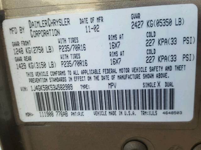 1J4GK58K53W582989 - 2003 JEEP LIBERTY LI TAN photo 10