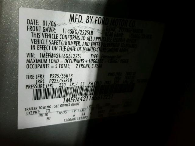 1MEFM42116G612251 - 2006 MERCURY MONTEGO PR 银色 照片 10