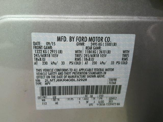 2LMTJ6KR4GBL32928 - 2016 LINCOLN MKX SELECT SILVER photo 10