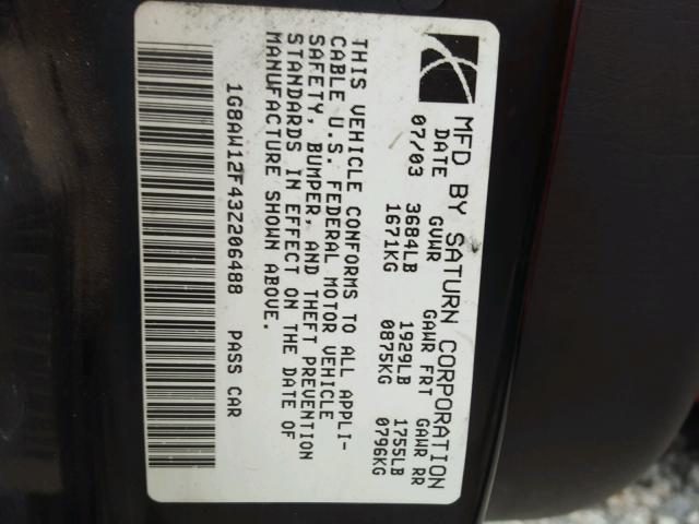 1G8AW12F43Z206488 - 2003 SATURN ION LEVEL RED photo 10