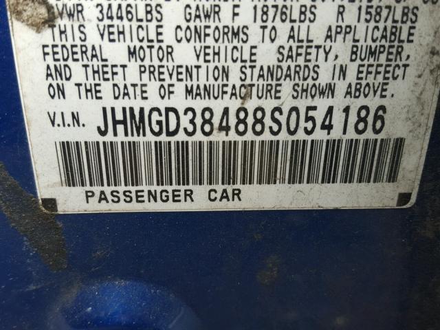 JHMGD38488S054186 - 2008 HONDA FIT BLUE photo 10