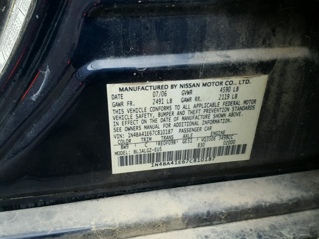 1N4BA41E67C810187 - 2007 NISSAN MAXIMA SE BLUE photo 10