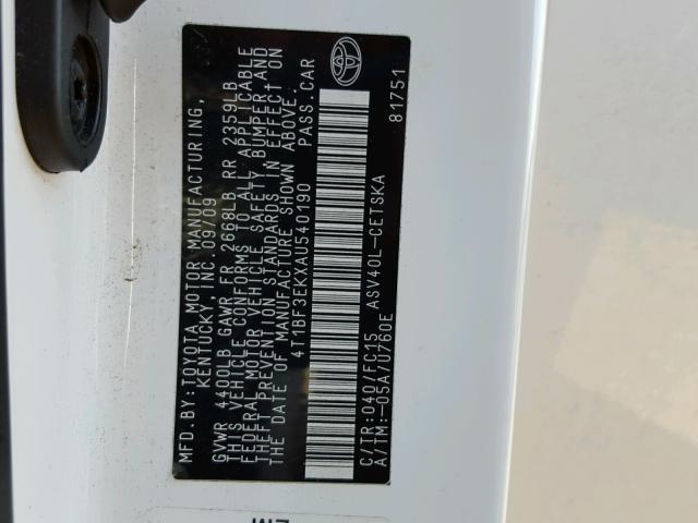 4T1BF3EKXAU540190 - 2010 TOYOTA CAMRY BASE WHITE photo 10
