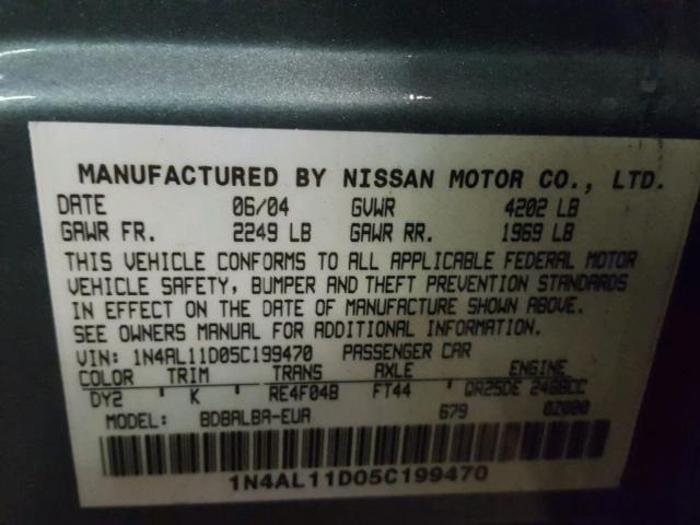 1N4AL11D05C199470 - 2005 NISSAN ALTIMA S GREEN photo 10