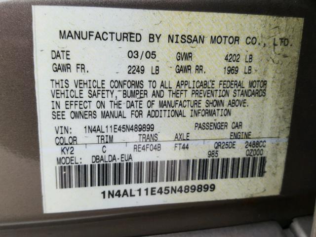 1N4AL11E45N489899 - 2005 NISSAN ALTIMA S GRAY photo 10