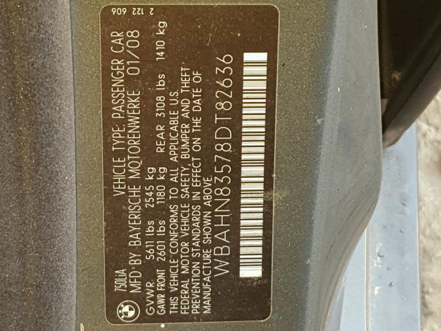 WBAHN83578DT82636 - 2008 BMW 750 GRAY photo 10