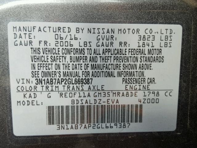 3N1AB7AP2GL669387 - 2016 NISSAN SENTRA S CHARCOAL photo 10