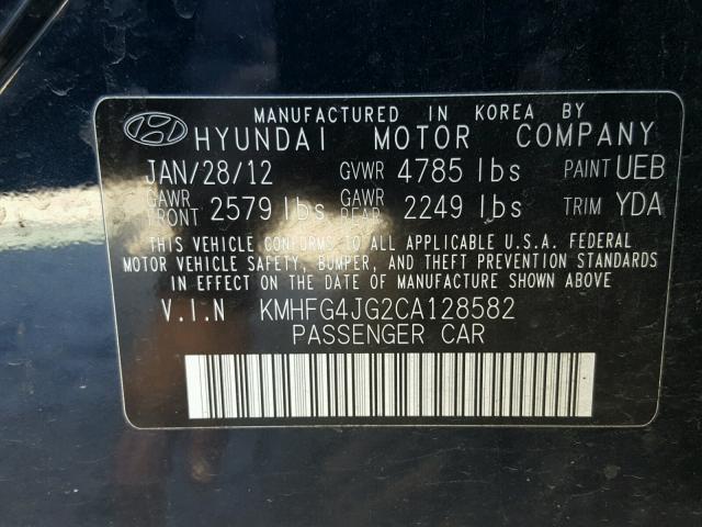 KMHFG4JG2CA128582 - 2012 HYUNDAI AZERA GLS BLACK photo 10