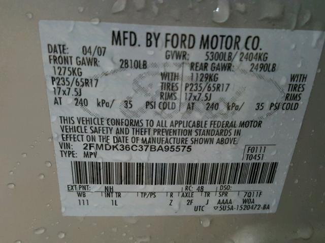 2FMDK36C37BA95575 - 2007 FORD EDGE SE CREAM photo 10