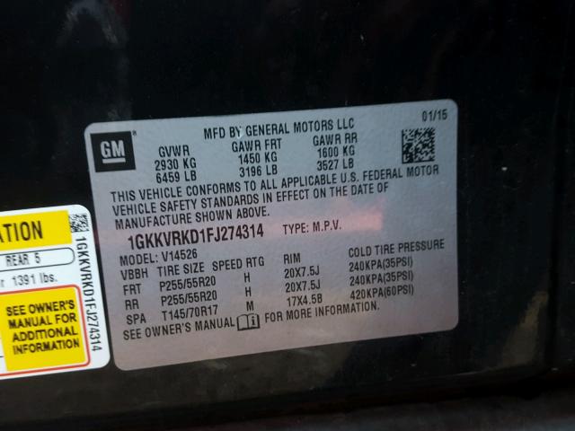 1GKKVRKD1FJ274314 - 2015 GMC ACADIA SLT Qara foto 10