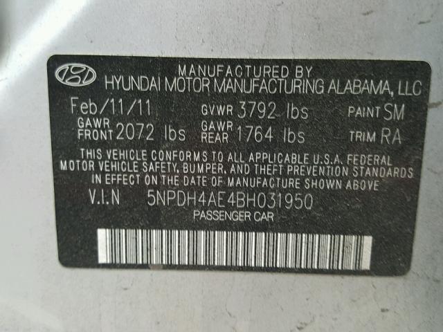 5NPDH4AE4BH031950 - 2011 HYUNDAI ELANTRA GL SILVER photo 10