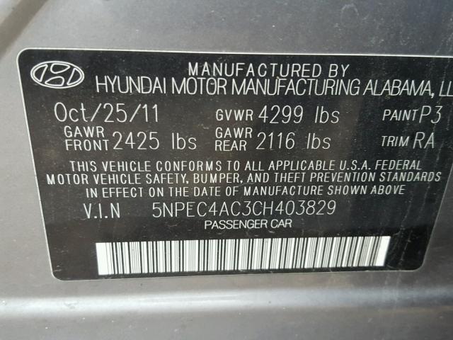 5NPEC4AC3CH403829 - 2012 HYUNDAI SONATA GRAY photo 10