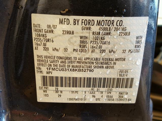 1FMCU031X8KB52790 - 2008 FORD ESCAPE XLT GRAY photo 10