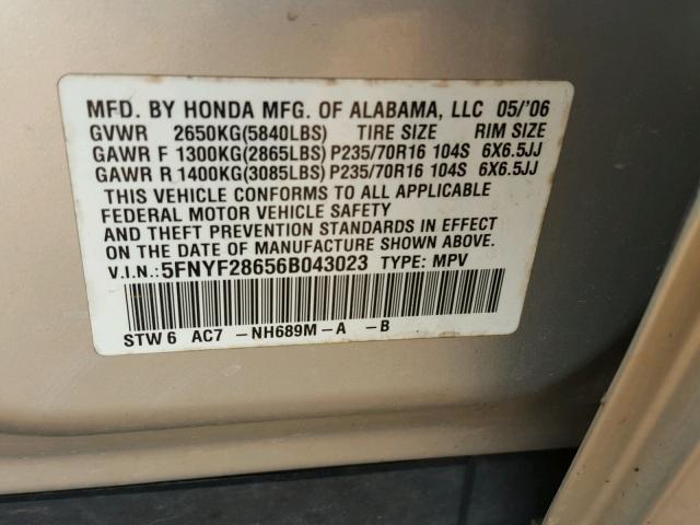 5FNYF28656B043023 - 2006 HONDA PILOT EX GRAY photo 10