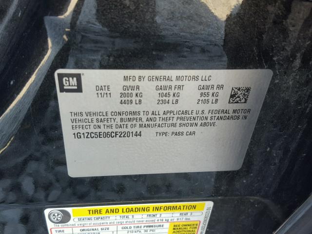 1G1ZC5E06CF220144 - 2012 CHEVROLET MALIBU 1LT BLACK photo 10